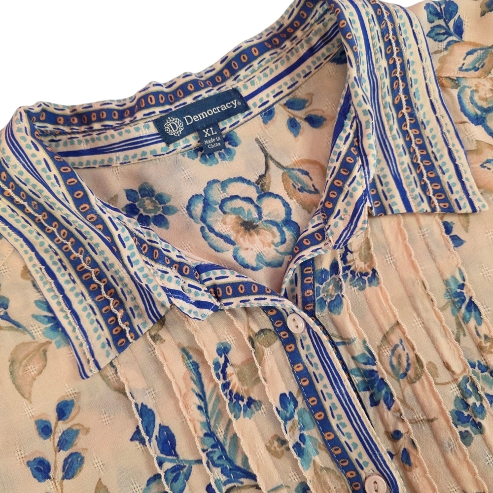 Floral Bohemiam Flowy Peasant Blouse Button Front Pintuck Top Rayon Women XL - Picture 2 of 13